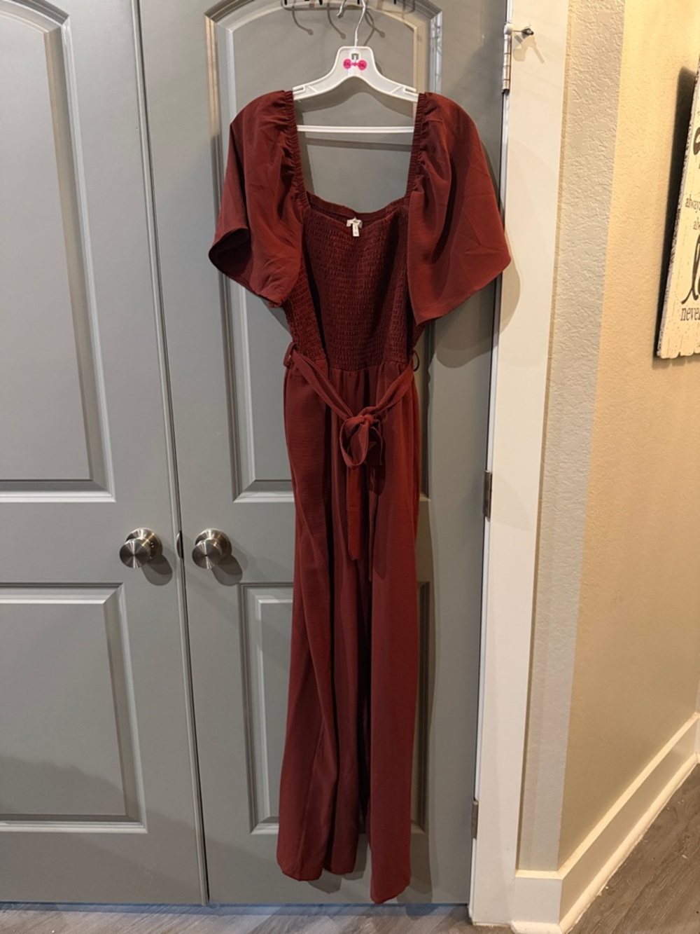 Maurices Brick Red Smocked Jumpsuit with Tie Waist